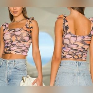 Free People Square Neck Printed Tank W/ Shoulder Tie Detail